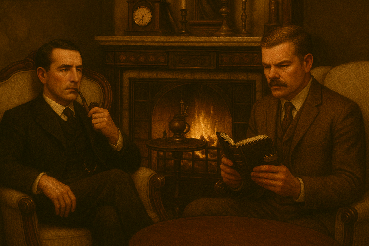 Holmes and Watson by the fireplace — Victorian scene
